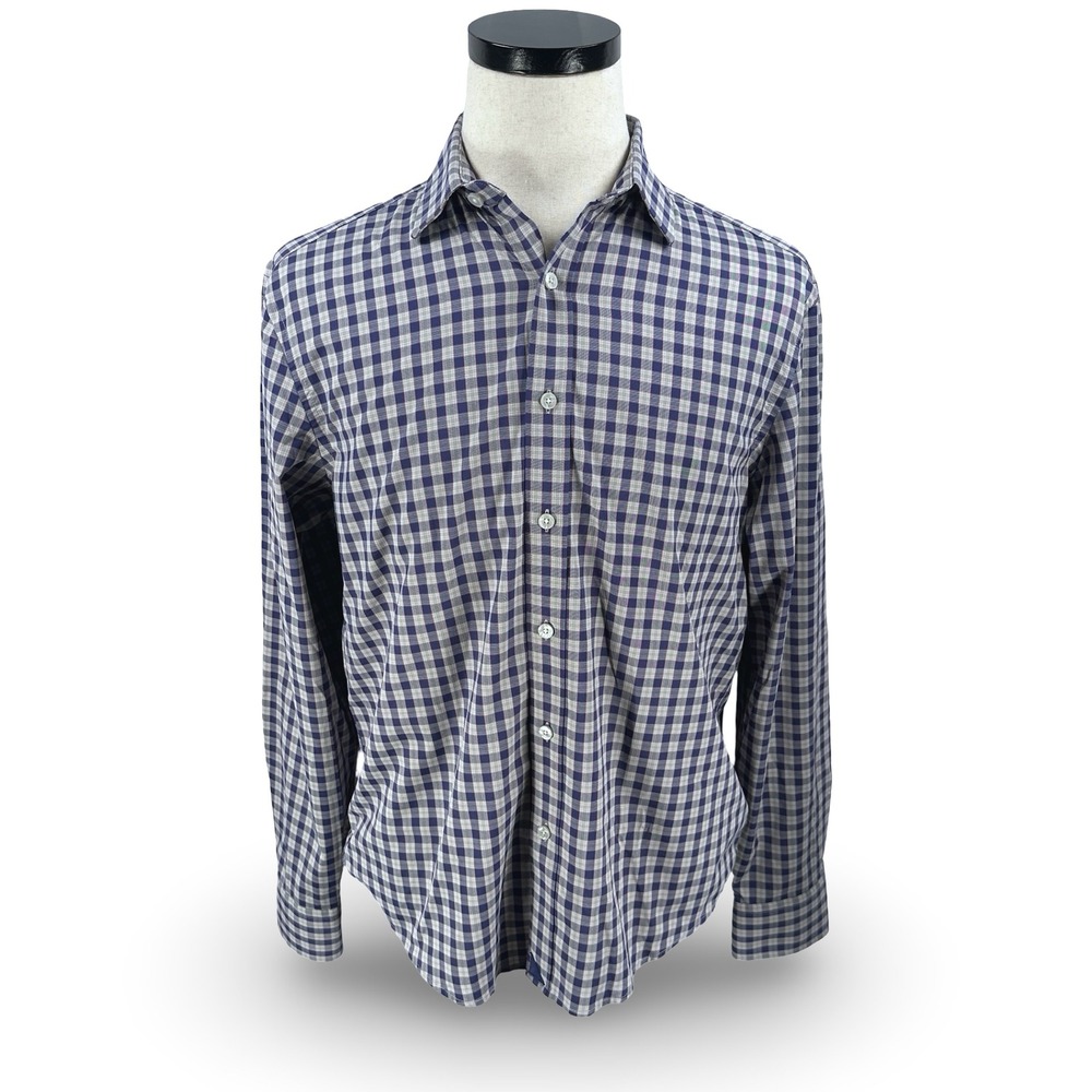 UNTUCKit Mens Medium Navy Gray Gingham Performance Stretch Long Sleeve Shirt